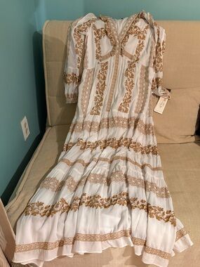 Hale Bob White Maxi Dress with Gold Embroidery